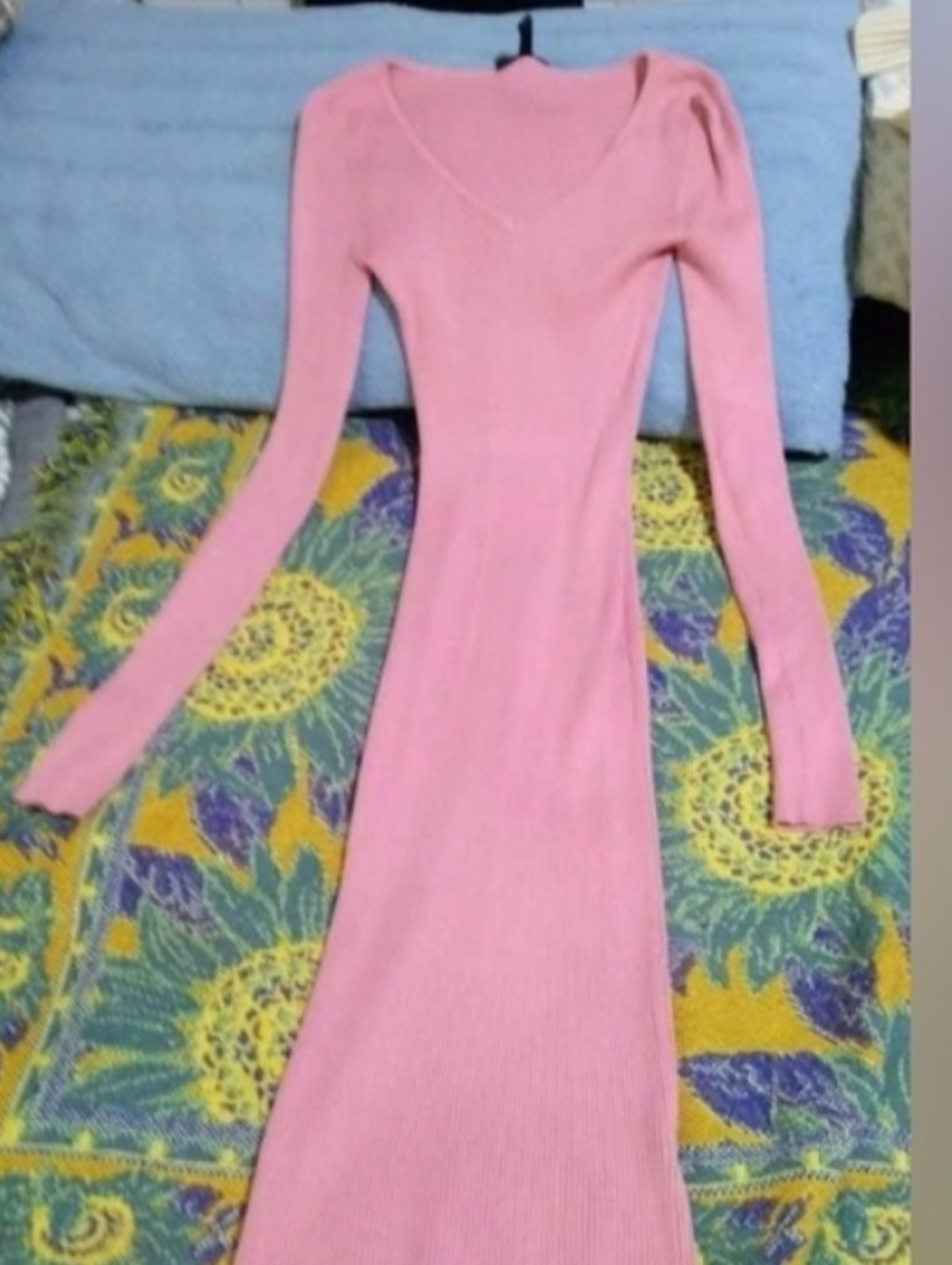 Pink Long Sleeve Ribbed Knit Maxi Dress